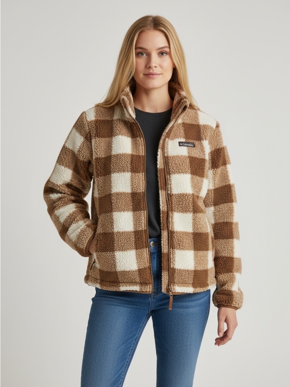 Columbia Women's XL Big Timber Peak Full Zip Printed Sherpa Jacket Brown/White